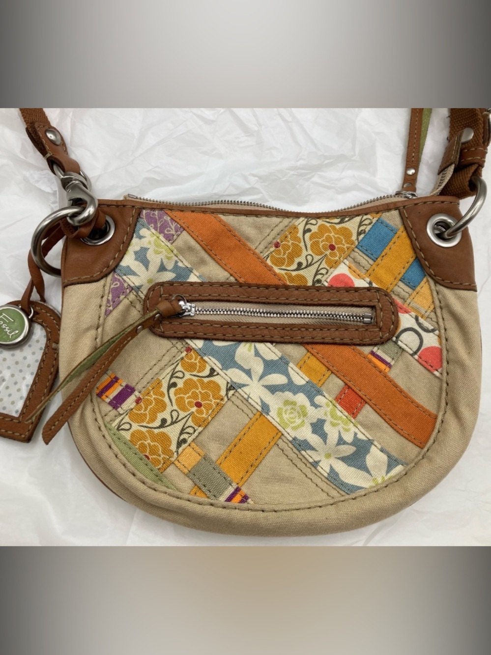 FOSSIL Y2k Patchwork Canvas Crossbody Bag with Brown Leather Trim